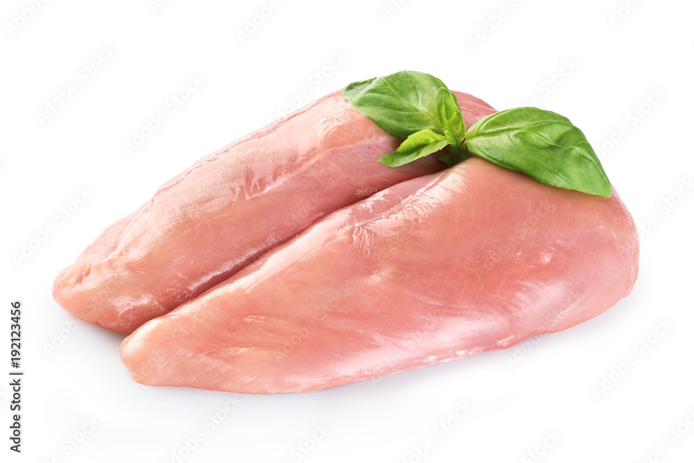 Raw chicken breast and basil isolated on white background. Raw chicken breast and basil isolated on white background.