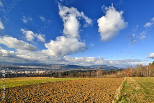 Fototapeta Naklejka Na Ścianę i Meble -  View over the town of Nowy Sacz and Beskidy mountains. Voivodeship Lesser Poland.