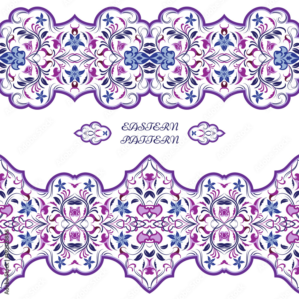 Seamless arabic patterns for border. Repeated oriental motif for fabric or paper design. Violet pattern on a white background. Seamless arabic patterns for border. Repeated oriental motif for fabric or paper design. Violet pattern on a white background.