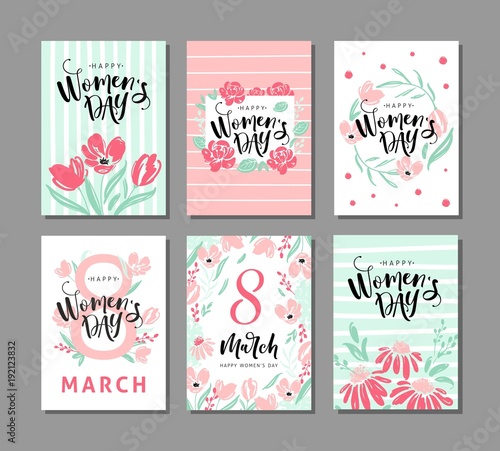 Set of six greeting cards for international womens day with сalligraphic hand written phrase. Eight march. Hand drawn elements. Vector design.