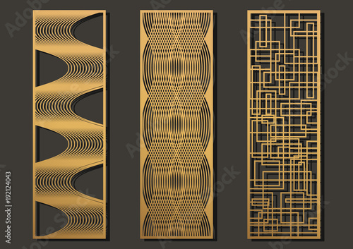 Laser cut template panels set. Die cut geometric pattern rectangle shape for metal , wooden, paper, engraving, stencil, bookmark. Vector illustration design.
