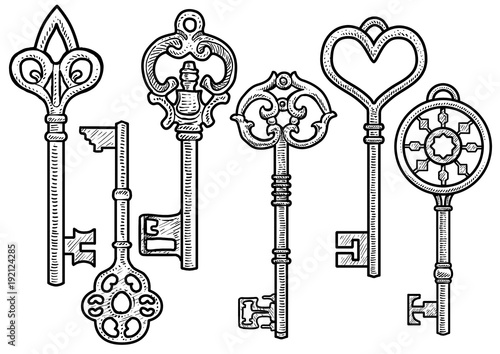 Key illustration, drawing, engraving, ink, line art, vector