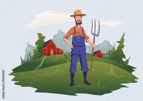 Farmer, man with pitchfork standing on a farm in a mountain landscape. Farming, agriculture. Vector illustration, isolated on light background.