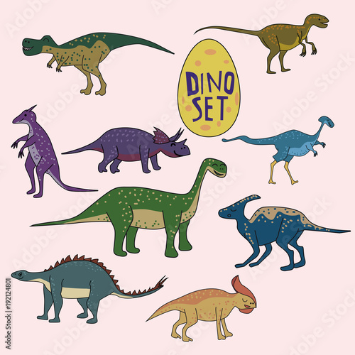 Fototapeta Naklejka Na Ścianę i Meble -  Set of dinosaurs, funny cute animals, isolated, vector, illustration