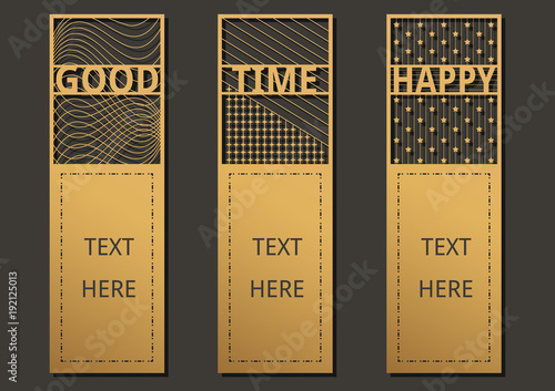 Laser cut with Wording set of ornate cards. Template for greeting card ,motivation tag, small card, bookmark and label with space for your text. Vector illustration design.