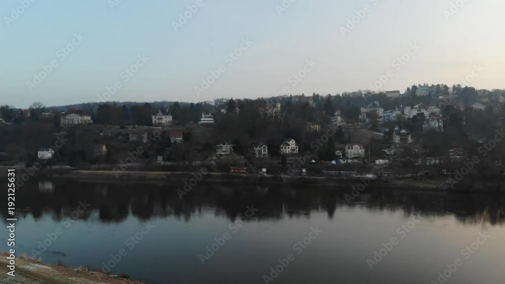 Aerial drone shot of Dresden Loschwitzer Bridge Blaues Wunder early morning with beautiful sunrise scenery Germany Aerial drone shot of Dresden Loschwitzer Bridge Blaues Wunder early morning with beautiful sunrise scenery Germany