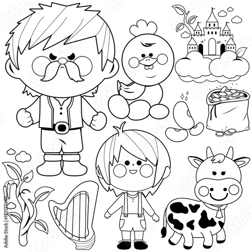 Jack and the magic beanstalk fairy tale set. Vector black and white coloring page.