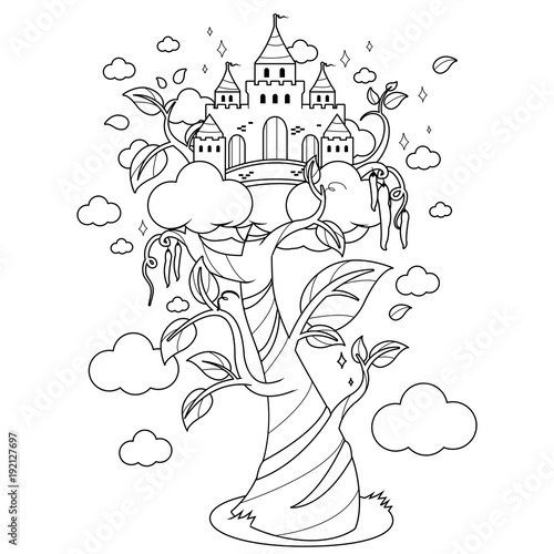 Magic beanstalk and a castle. Vector black and white coloring page.