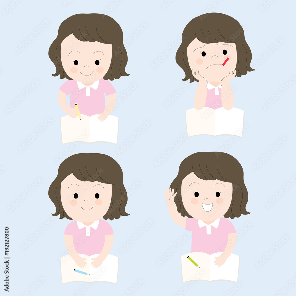Action cartoon cute little girl on blue background, Education vector. Action cartoon cute little girl on blue background, Education vector.