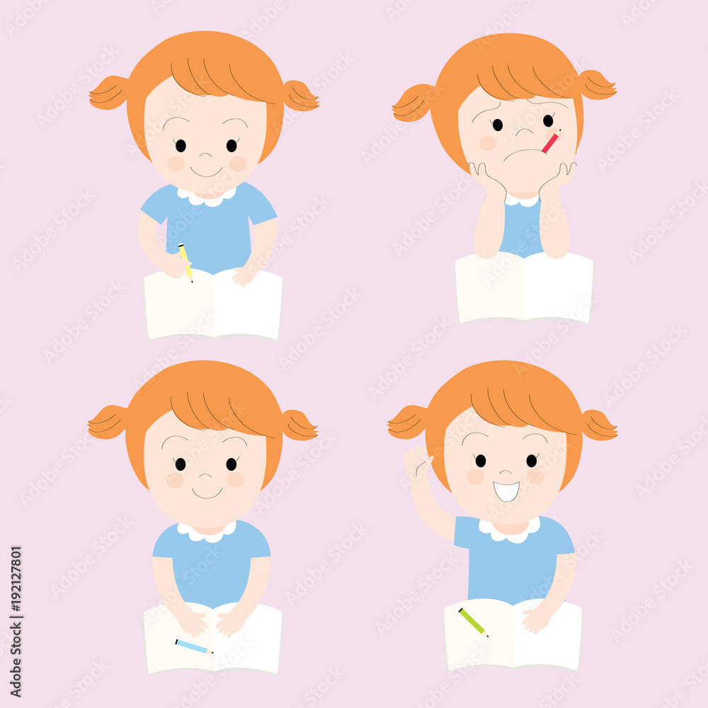 Action cartoon cute little girl on pink background, Education vector. Action cartoon cute little girl on pink background, Education vector.