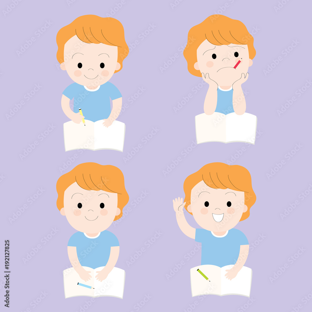 Action cartoon cute little boy on purple background, Education vector. Action cartoon cute little boy on purple background, Education vector.