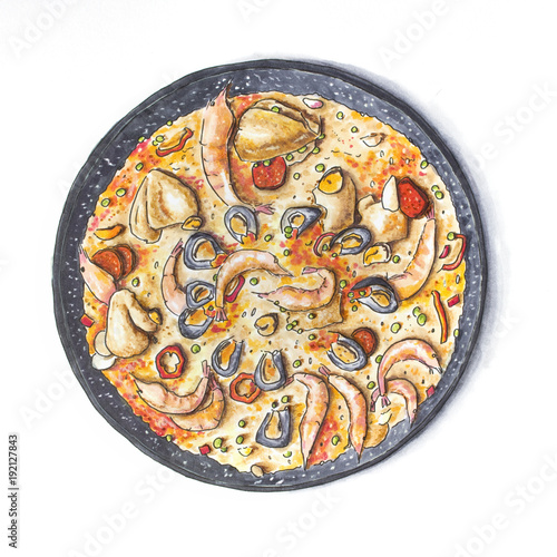 Hand sketched Spanish paella with seafood