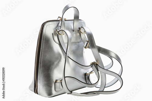 silvery female bag backpack on a white background