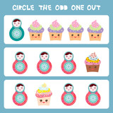 Visual logic puzzle Circle the odd one out. Kawaii colorful cupcake Russian dolls matryoshka with pink cheeks and winking eyes, pastel colors on blue background. Vector