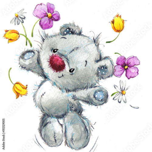 Cute teddy bear. watercolor illustration for greeting card.