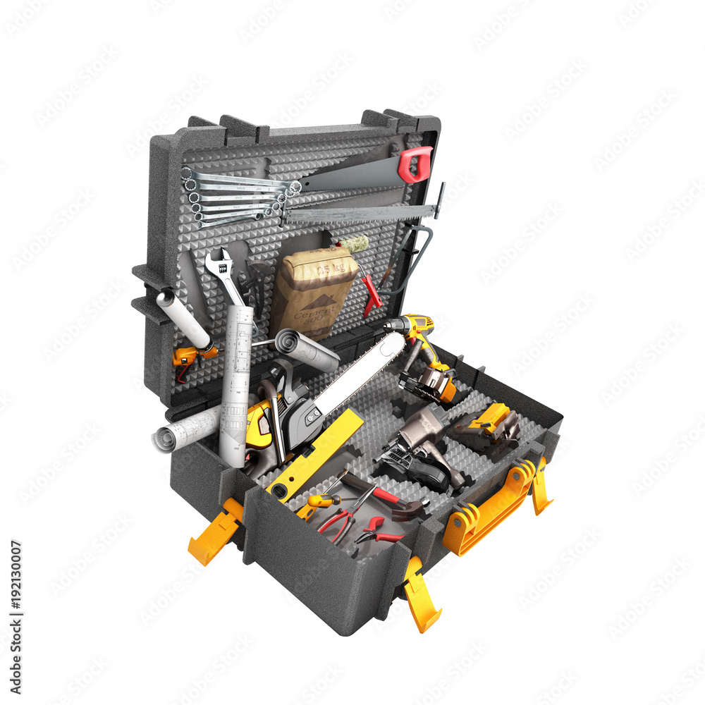 A set of tools in the case 3d render on white background no shadow A set of tools in the case 3d render on white background no shadow
