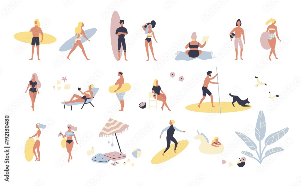 Collection of people performing summer outdoor activities at beach - sunbathing, walking, carrying surfboard, swimming in sea. Cartoon characters isolated on white background. Vector illustration.