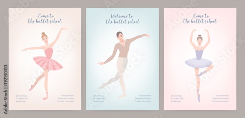 Collection of flyer templates with elegantly dressed male and female ballet dancers in various poses. Flat cartoon vector illustration for classic dance or choreography school promotion, advertising