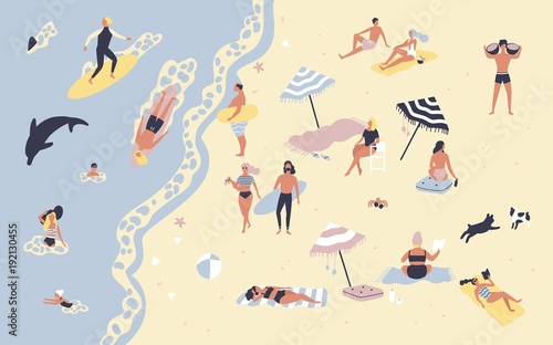 People at beach or seashore relaxing and performing leisure outdoor activities - sunbathing, reading books, talking, walking, surfing, swimming in sea or ocean. Flat cartoon vector illustration.