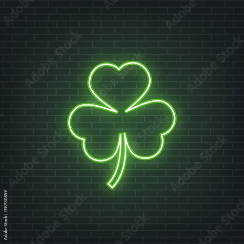 Saint Patrick's Day. Neon glowing sign of three leaves clover leaf. Saint Patrick neon set