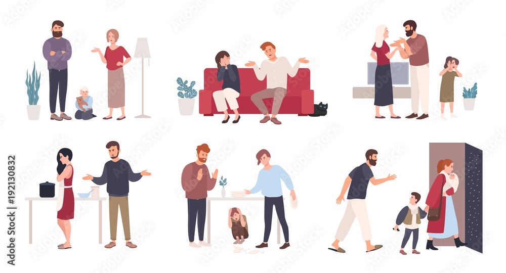 Collection of spouses or romantic partners during conflict. Set of husband and wife quarreling, brawling, shouting at each other. Family or domestic abuse, unhappy marriage. Vector illustration.