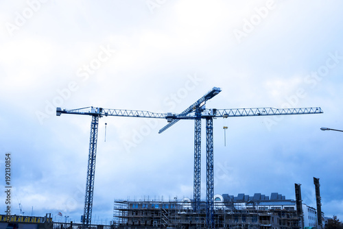 Three cranes against the sky