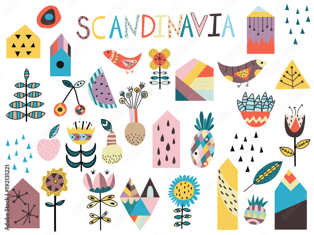 Plakat Set of cute scandinavian style elements. Hand drawn vector illustration.
