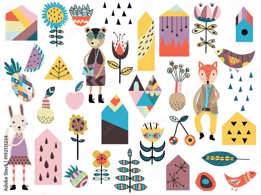Plakat Zestaw ślicznych elementów w stylu skandynawskim i zwierząt. Ręcznie rysowane ilustracji wektorowych.