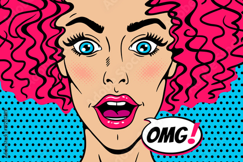 Wow female face. Sexy surprised young woman head with wide open mouth  eyes and pink curly hair and OMG speech bubble. Vector colorful background in pop art retro comic style. Party invitation poster.