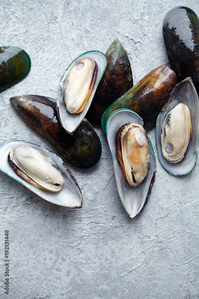 Raw kiwi mussels on textured light colored background Raw kiwi mussels on textured light colored background