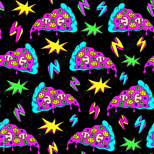 Fototapeta Szalona kosmiczna pizza atakuje bez szwu wzór z kawałkami pizzy, uderzeniami pioruna i kolorowymi wybuchami. Czarne tło.