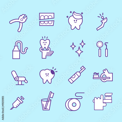 Dental care flat decorative icons set with stomatologist tools teeth care products and white smile symbols. Isolated vector illustration
