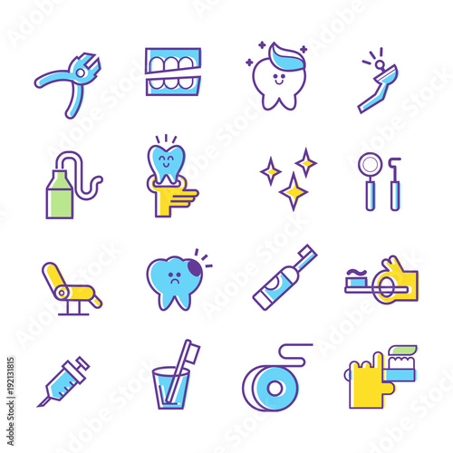 Dental care flat decorative icons set with stomatologist tools teeth care products and white smile symbols. Isolated vector illustration