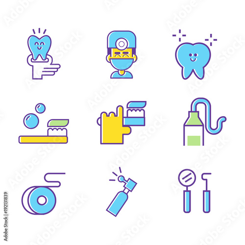 Dental care flat decorative icons set with stomatologist tools teeth care products and white smile symbols. Isolated vector illustration