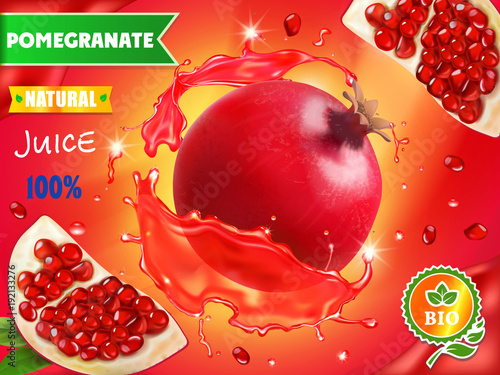 Pomegranate juice ads, realistic fruit in red juice advertising