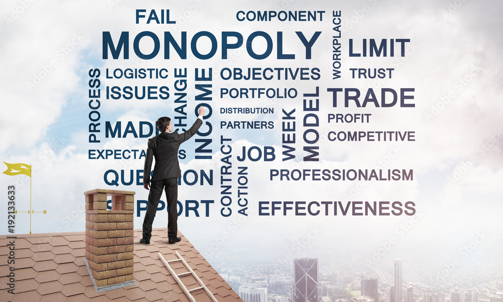 Young businessman standing on house roof and writing leadership skill concept. Mixed media Young businessman standing on house roof and writing leadership skill concept. Mixed media