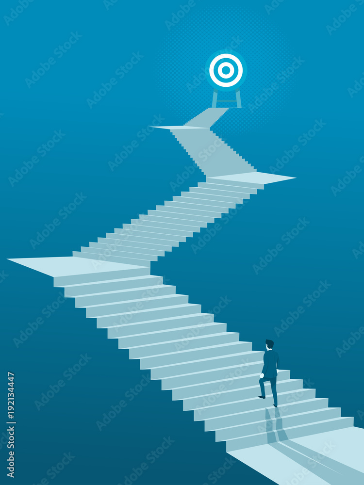 Businessman Walking up Stairs to Goal, Business Concept Simple Vector of Overcome Obstacles to Success. Businessman Walking up Stairs to Goal, Business Concept Simple Vector of Overcome Obstacles to Success.
