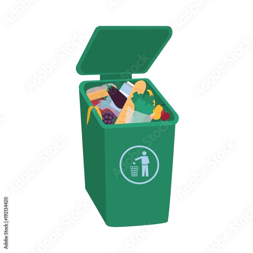 Organic waste lying in open green trash container. Leftover food in dumpster isolated on white background. Fruits, vegetables, bread and other edible products in garbage bin. Flat vector illustration.