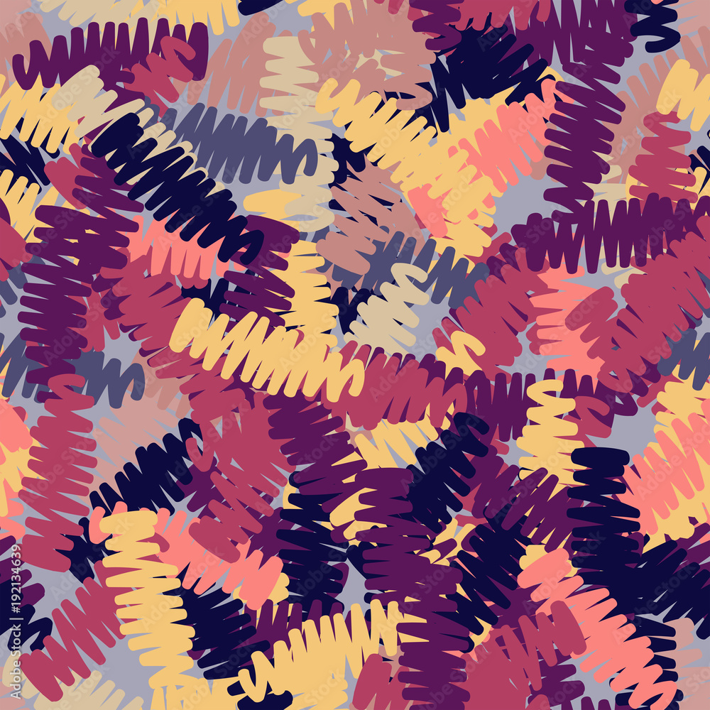 A seamless pattern of roughly shaded colorful doodles