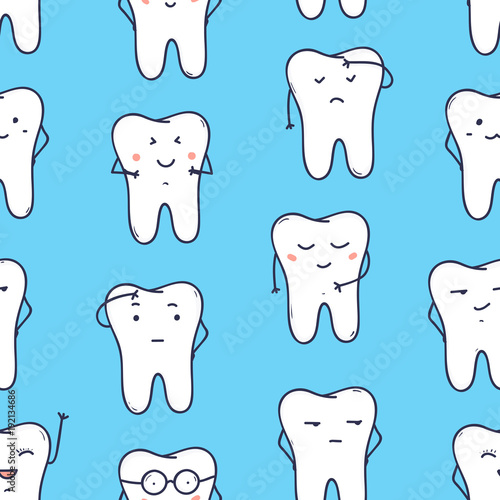Seamless pattern with funny teeth expressing different emotions