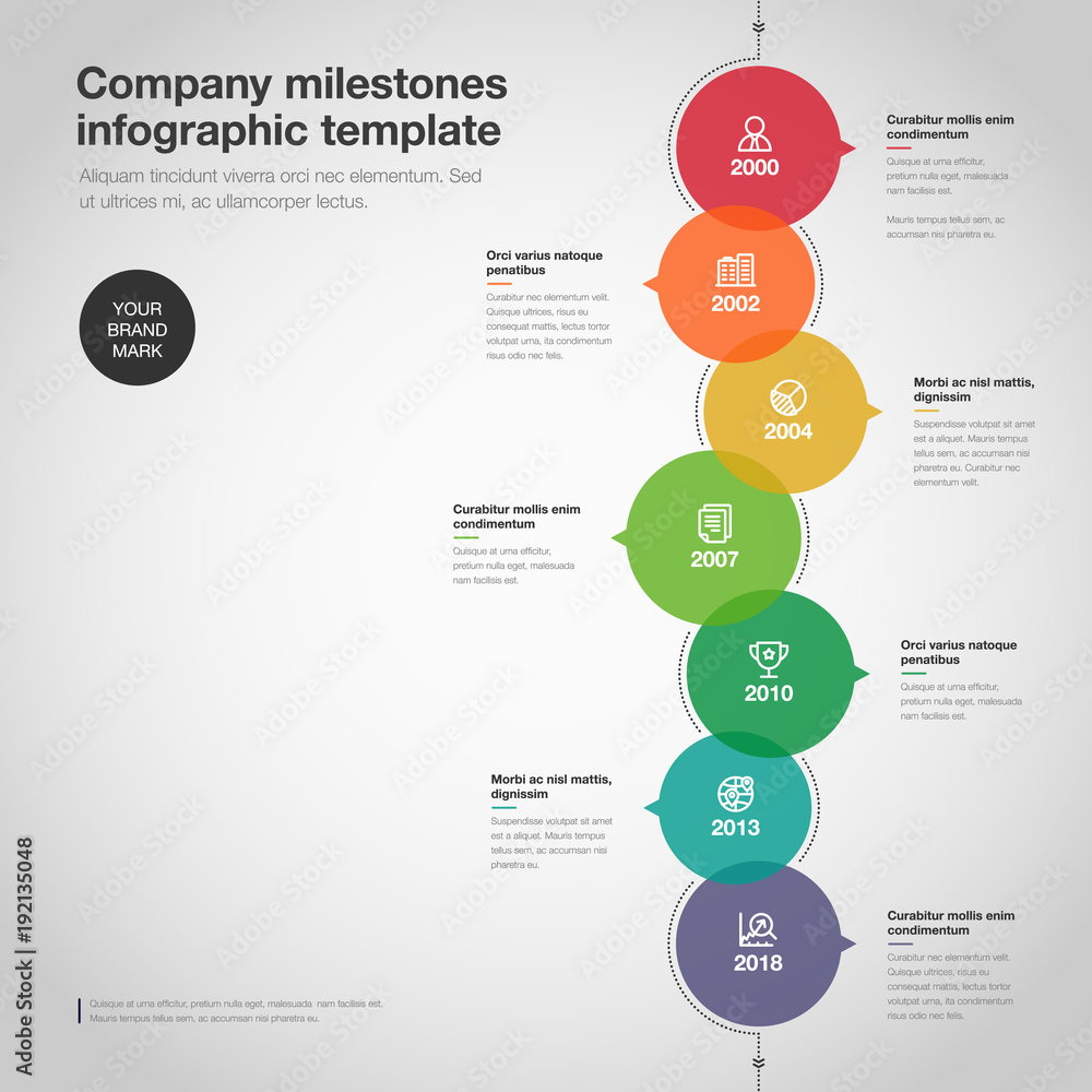 Fototapeta premium Vector infographic for company milestones timeline template with colorful bubbles isolated on light background. Easy to use for your website or presentation.
