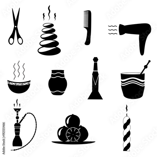 Set of silhouettes of tools and objects for a spa, hairdresser and massage