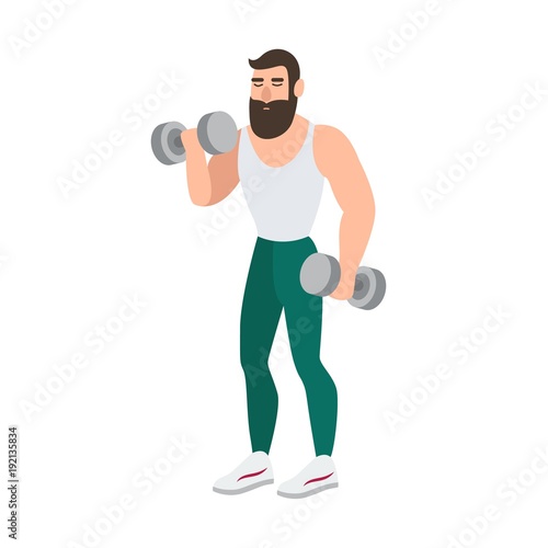 Bearded man in sports clothing doing physical exercise with pair of dumbbells. Male cartoon character performing weight or strength training workout isolated on white background. Vector illustration.