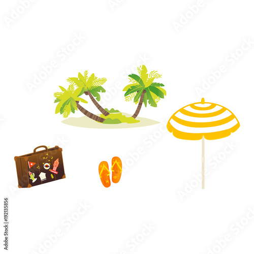 Vector flat travel, beach vacation symbols icon set. Summer holiday rest elements - palm sand island, sun umbrella, slippers, travelling bag. Isolated illustration, white background