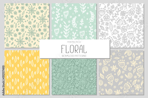 Set of 6 minimalistic floral seamless patterns in doodle style