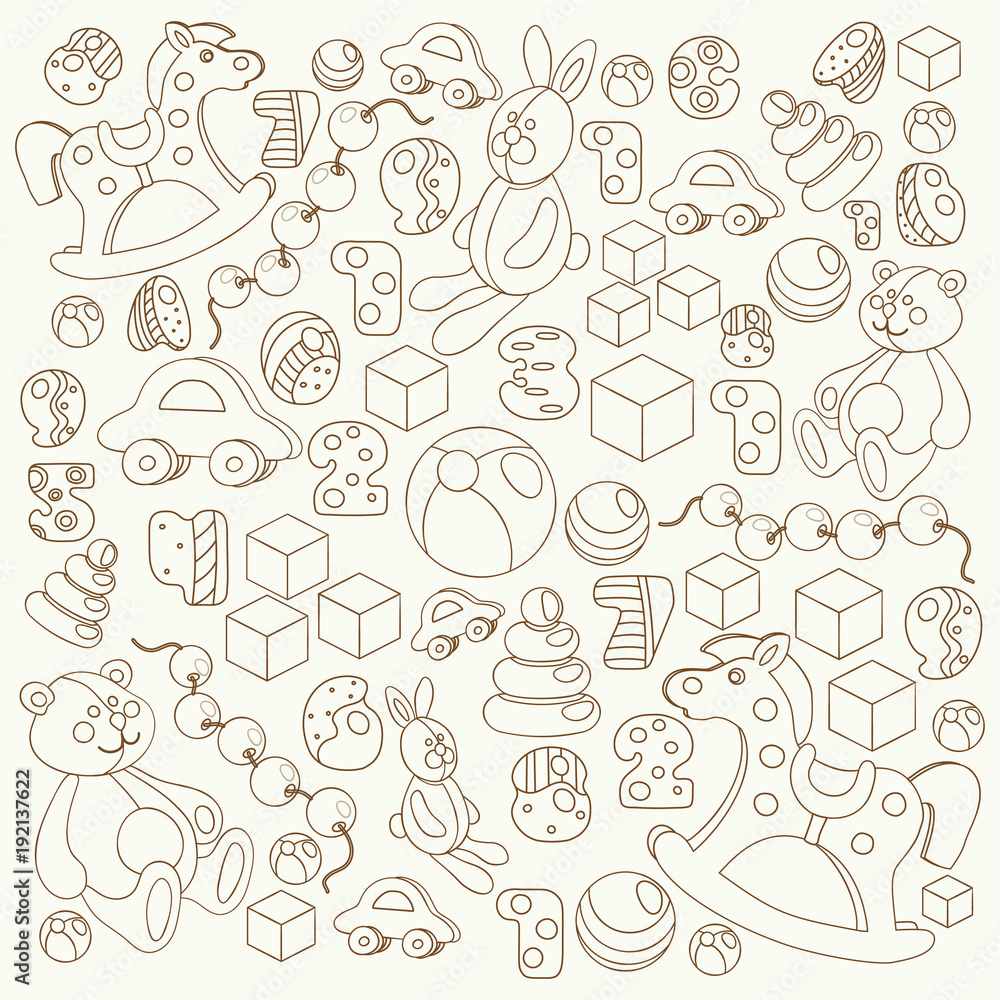 Childrens toys outline cartoon style vector set Childrens toys outline cartoon style vector set
