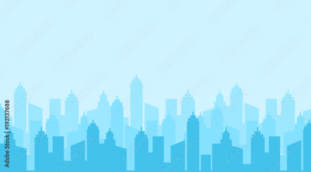 City skyline vector illustration. Urban landscape. Blue city silhouette. Cityscape in flat style. Modern city landscape. Cityscape backgrounds. Daytime city skyline. 