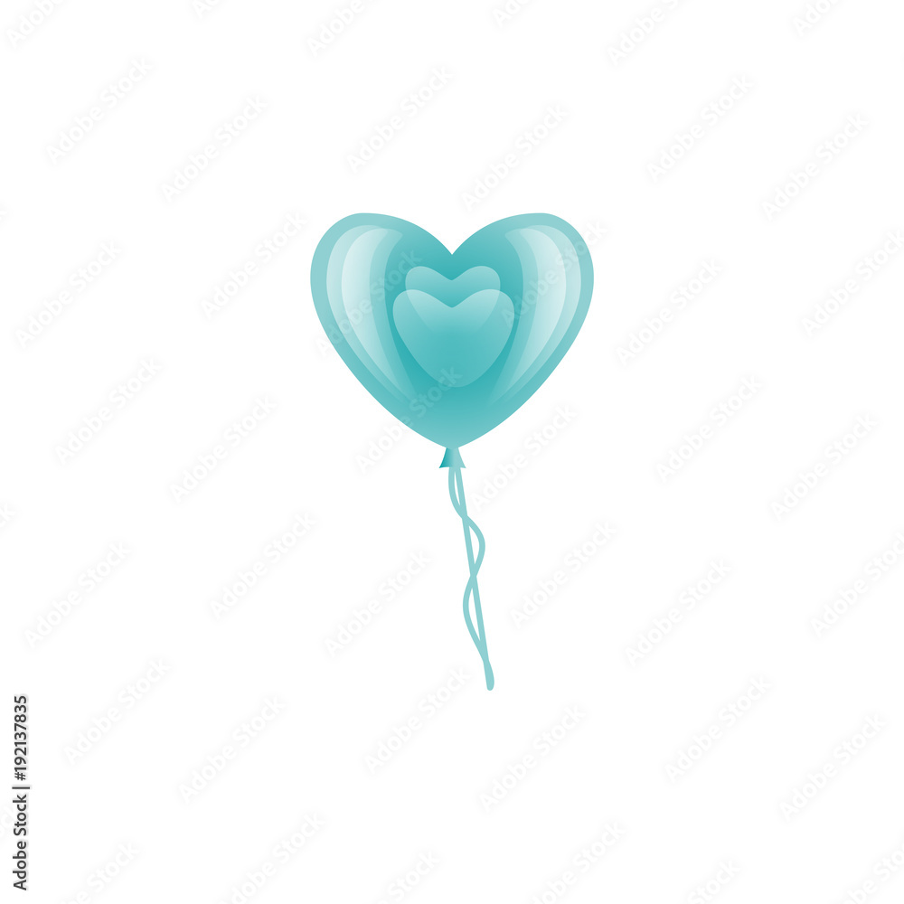 Vector stylized blue air balloon in heart shape icon. Happy valentines day romantic invitation card template with love symbol. Isolated holiday illustration on white background.