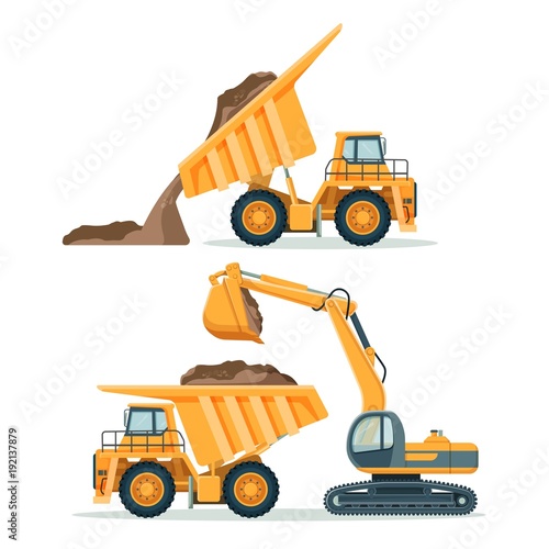 Dump truck with body full of soil and modern excavator