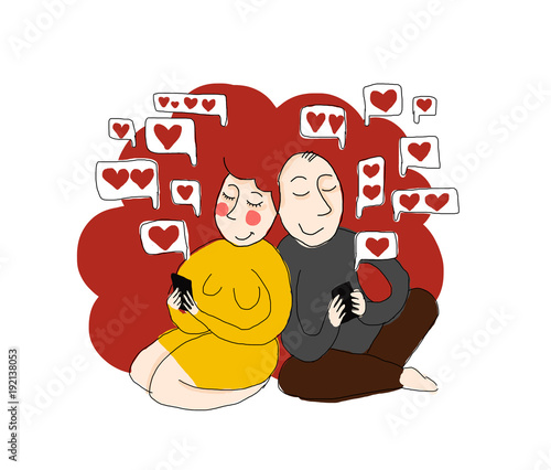 love sms - illustration, two people sending their hearts